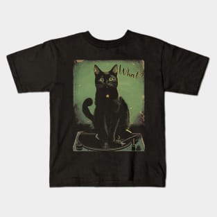 Black Cat Sitting On Vinyl Record Player Women, Men Kids T-Shirt